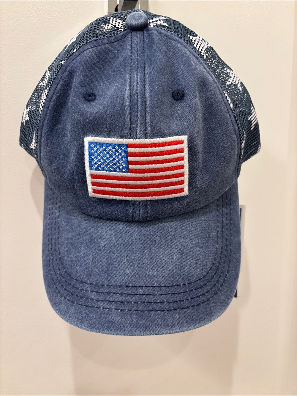 NWT Patchwork denim Blue Flag Trucker Hat
